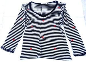 Camiseta NAF NAF Paris Algodón Marinero Rayas Manga 3/4 Azul Marino Blanco Corazones Volantes - Imagen 1 de 6