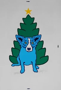 George Rodrigue Blue Dog A Blue Christmas Without You Silkscreen Print Signed - Picture 1 of 4