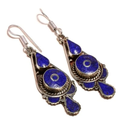 Inlay Lapis Lazuli Gemstone Antique Handcrafted Oxidized Tibetan Dangle Earrings - Image 1 of 3