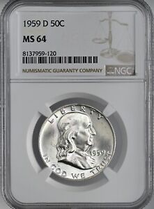 1959-D  50C FRANKLIN SILVER HALF DOLLAR MINT STATE NGC MS64 #8137959-120