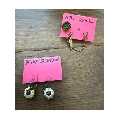 Betsey Johnson Earrings Tart Custard Cupcake & Feather Bow Mismatch Set NWT - Image 1 of 4