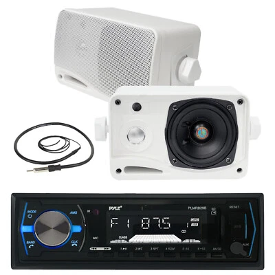 Pyle 3.5" Box Marine 200W Speakers, Pyle Black AM FM USB Marine Radio, Antenna - Image 1 of 4