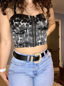 Black - Gray Large Animal Print Zip Front Top with Criss Cross Back - Picture 1 of 6