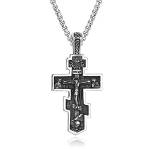 Herren Kreuz Anhänger Halskette Edelstahl Männer russisch-orthodox Kruzifix Kette - Bild 1 von 9