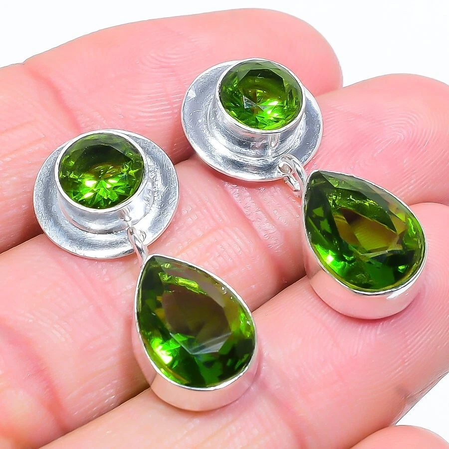 Green Peridot Gemstone 925 Sterling Silver Jewelry Tops Earring Size 1.20" - Image 1 of 1
