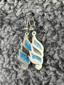 Vintage Sterling Silber Türkis / Koralle Chip Inlay Ohrringe .925 TJ-13 1970’s - Bild 1 von 4