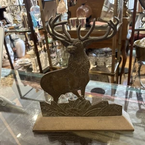 Antique Hartford Insurance Co. Bronze Buck Stag Advert Door Stop 9-1/2" x 8-1/2 - Picture 1 of 6