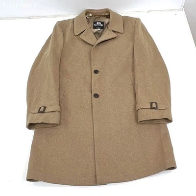 Stafford Mens 42 Long Tan Wool Overcoat Vintage Plaid Lined Car Coat - Image 1 of 4