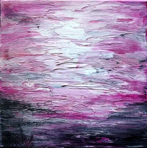 Pintura Original Minimalista Puesta de Sol Océano Costero, Rosa Fucsia Gris Arte Moderno - Imagen 1 de 8