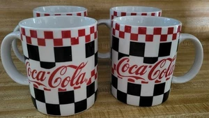 Coca Cola Vintage Coffee Mugs Red Black Checkered Racing Diner Gibson Set of 4 - Picture 1 of 4