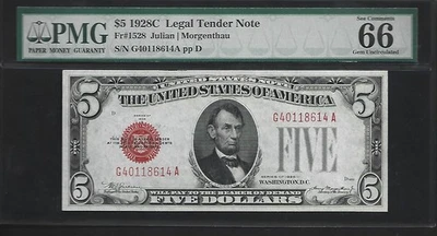 US $5 1928C PMG 66 EPQ UNC P#1528 Legal Tender Note Julian/Morgenthau GA Block - Image 1 of 4