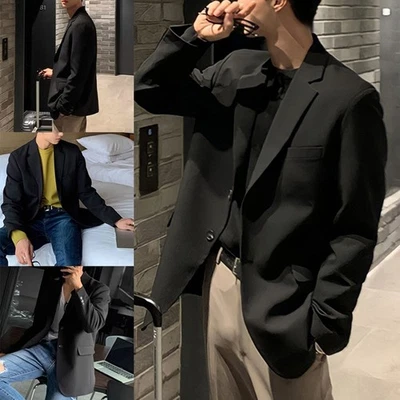 Korean Casual Blazer for Men Loose Fit Business Jacket with Solid Color - Image 1 of 4