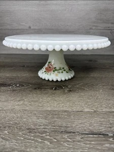 Vintage Candlewick Style Footed Cake Plate Milk Glass Hand Painted Roses 12.5” - Picture 1 of 10