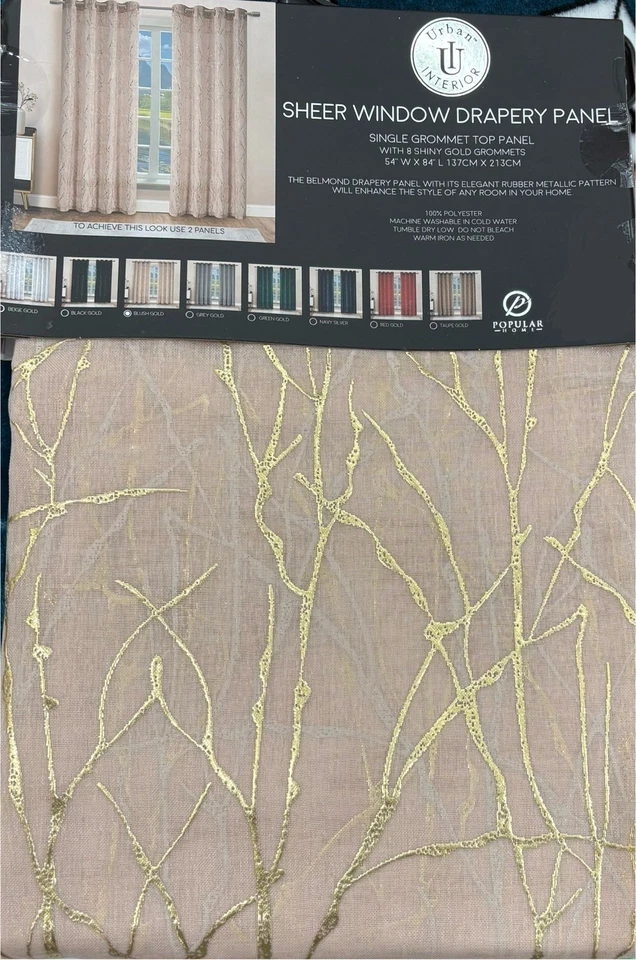 "PANEL SUPERIOR DE UN SOLO OJAL RUBOR ROSA CON ACENTO METÁLICO DORADO, 84"" DE LARGO" Foto 1 de 1