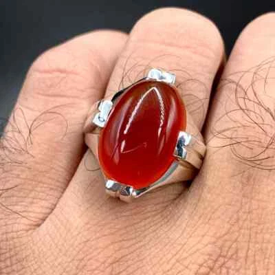 Anel Aqeeq iemenita natural vermelho prata 925 - Imagem 1 de 4