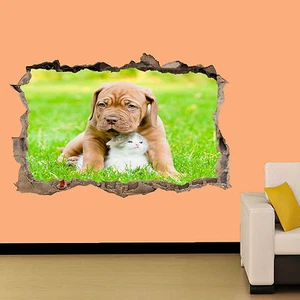 WELPE UND KÄTZCHEN BESTE FREUNDE WANDSTICKER ZIMMER DEKO AUFKLEBER WANDBILD A KLASSE - Bild 1 von 1