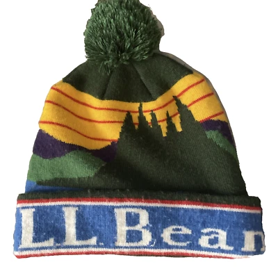 LL Bean Katahdin Pom Hat Winter Beanie Logo Mountains Sunset Vintage - Image 1 of 2