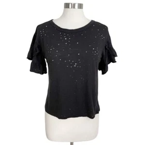 Alya Womens SMALL Black Boho Destroyed Ruffle Short Sleeve Basic Cotton T-Shirt - Picture 1 of 10