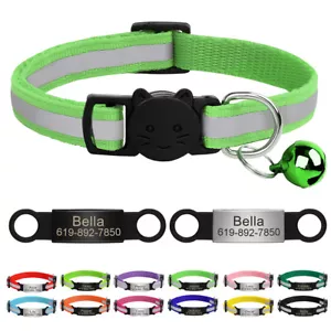 Personalised Reflective Cat Collar Nylon No Noise Tag Quick Release with Bell - Picture 1 of 36