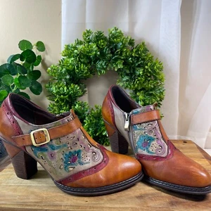 Spring Step L'Artiste Miso Wingtip Leather Boho Booties Brown, Turquoise Sz 38 - Picture 1 of 15