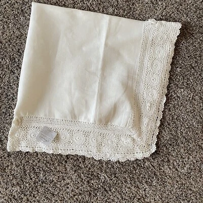 Heritage Lace Blue Ribbon Crochet Cotton Linen Cream Table Topper 38x38 - Image 1 of 4