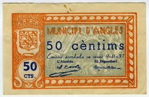 ☆ SPAIN CIVIL WAR 1937 • ANGLES 50 CENT MUNICIPAL ☆ GUERRA CIVIL ESPAÑOLA ☆D0335 - Picture 1 of 2