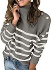 Asvivid Woman's Gray Striped Turtleneck Button Knit Sweater - Size: L (12-14)