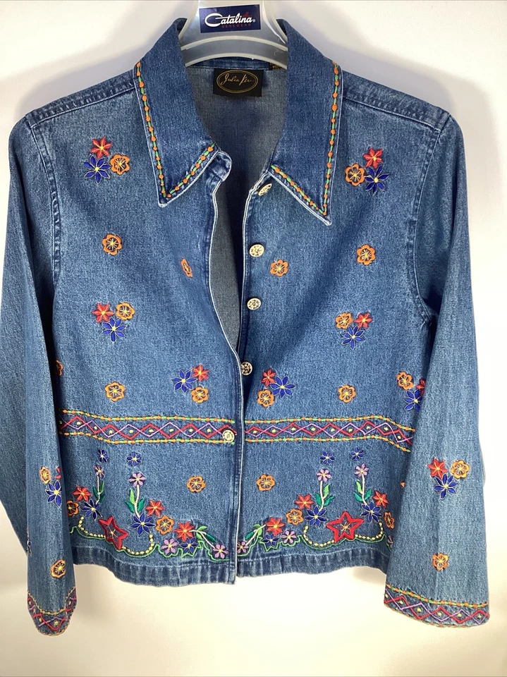 Chaqueta JULIA KIM Vintage Para Mujer Azul Denim Jean Floral Bordada Pequeña Grande Foto 1 de 4