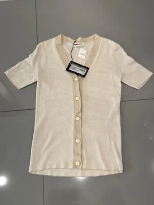 PRADA White Tan Button Up Knit Cardigan Sweater  Sz Short Sleeve NWT $540. Sz 44 - Image 1 of 4