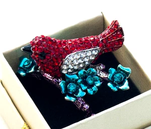Anillo Pavé Swarovski Cristal Rojo Pájaro Cantor Cóctel 14K Tono Plata. Talla 8 - Imagen 1 de 5