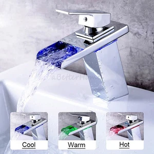 Chrome LED Color Changing Bathroom Waterfall Sink Faucet Vanity Basin Mixer Tap - Picture 1 of 5