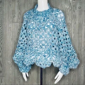 Blue and white handmade knit / crochet poncho sweater one size - Picture 1 of 5