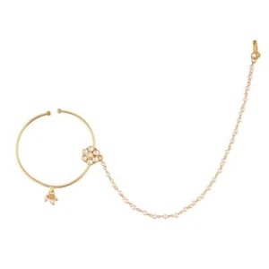 White Copper Traditional Kundan Nose Ring With Pearl Layered Chain For Women - Picture 1 of 5