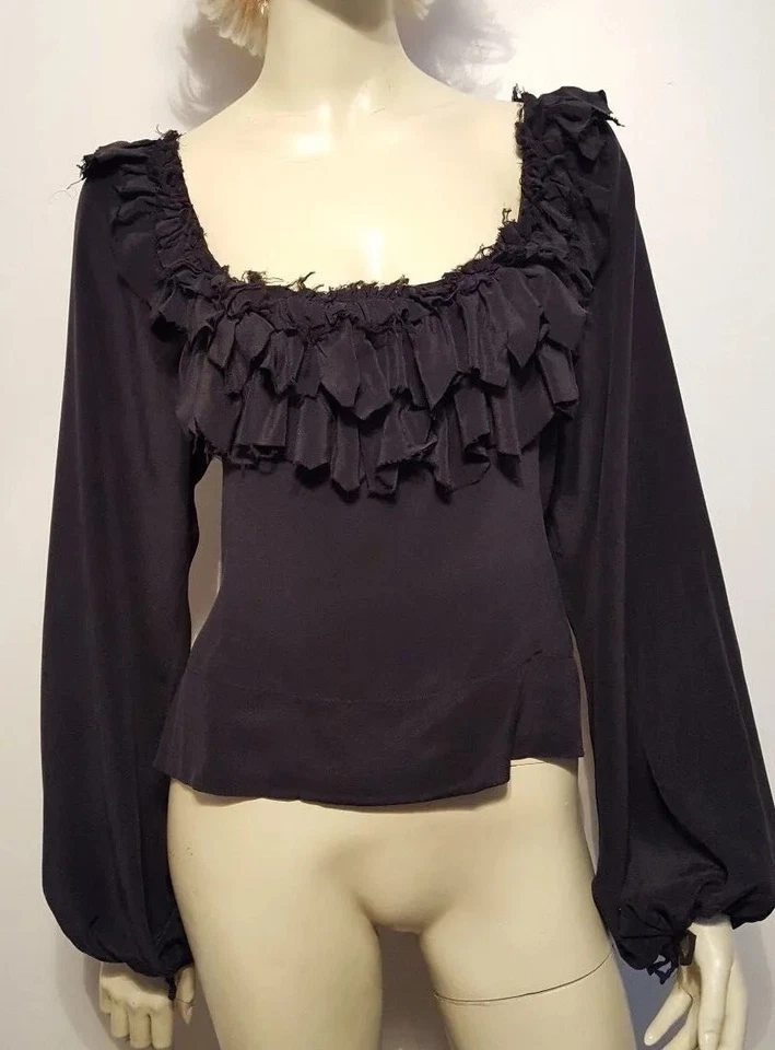 Hazel 棕色黑色丝绸衬衫 L 码流苏农民袖子全新带标签! 345 美元! — 第 1/4 张图片