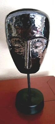 Clay Sculptured Mask On Metal Footed Stand With Iridescent Glaze 14" - Image 1 of 4