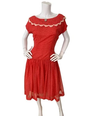 Vintage 50s Red Chiffon Dot Dress Rhinestone Scalloped Collar Rockabilly Country - Image 1 of 4