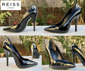 REISS BLACK Patent Heels, 100% Leather With GOLD Bow Detail To Back (Eu 38) UK 5 - Picture 1 of 24