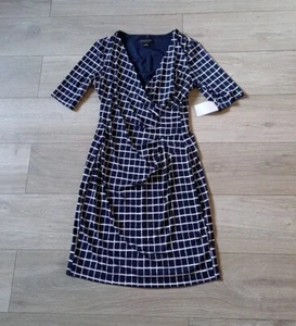 Connected Apparel Navy & White Check Stretch Dress Side Ruched Smart Office UK10 - Picture 1 of 21