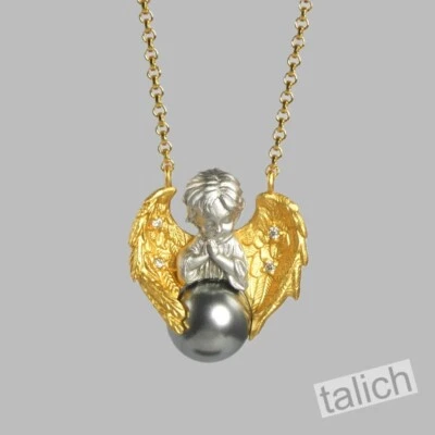 Collar de 18" con colgante de perlas querubín ángel alado de plata de ley enchapado en oro de 18 quilates Foto 1 de 4