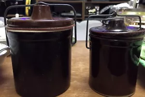 2 Vintage Glazed Brown Stoneware Crocks Wire Bale Latch And Lids Cheese Butter - Picture 1 of 10
