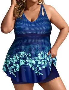 Womens 2 Piece Tankini Swimsuits Tropical Print Swimwear US 22 Plus Teal Floral - Picture 1 of 4