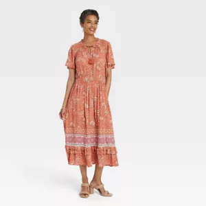 Knox Rose Dress Womens Size Small Orange V Neck Floral Print Short Sleeve NWT - Picture 1 of 12