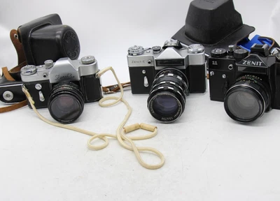F x3 Vintage Soviet 35mm SLR Film Cameras Inc, Zenit-E, 11, 3m + Lenses - Bild 1 von 4