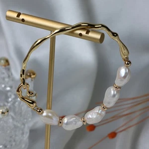Women 14K Gold Plated Pearl Link Boho Bracelet Beach Bangle Gift 6.5inches - Picture 1 of 7