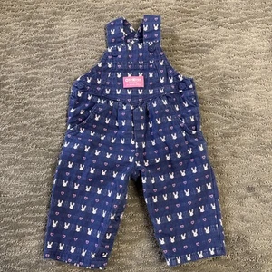 Oshkosh B'gosh Vintage Overalls Baby Girl 3-6 Months Blue Bunny Hearts Print - Picture 1 of 9