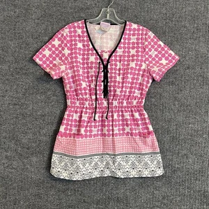 Skechers Womens Printed Scrub Top Size Medium Short Sleeve Lace Up Medical - Picture 1 of 11