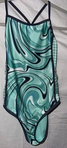 Mädchen Badeanzug Einteiler Größe L 10-12 grün blau Marmor Print Racerback Öko - Bild 1 von 4