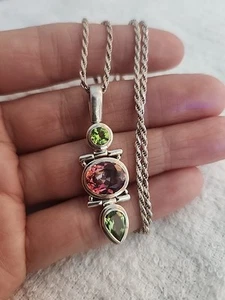 Vintage 925 Sterling Silver Peridot & Multicolor Gemstone Pendant Necklace 18" - Picture 1 of 6