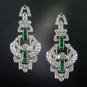 Pendiente colgante/gota antiguo con esmeralda de diamante creado en laboratorio de oro blanco de 14 quilates FN - Imagen 1 de 6
