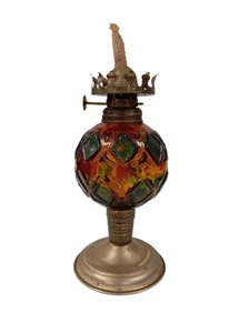 Vintage Brass and Stained Glass Oil Lamp with Wick - Ornate Design Collectible - Picture 1 of 7